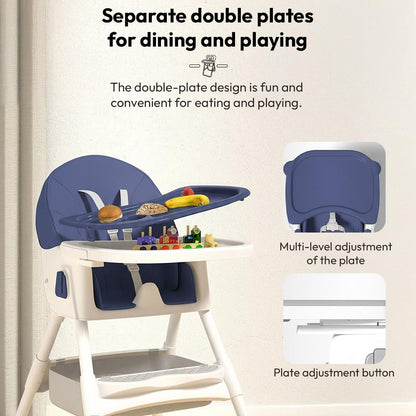 StarAndDaisy High Chair for Baby 6 Months to 5 Years/Adjustable Height Feeding Chair with 4 Reclining Seat Positions, Double Food Tray, Foldable Design & Wheels/High Chair for Baby (Blue)