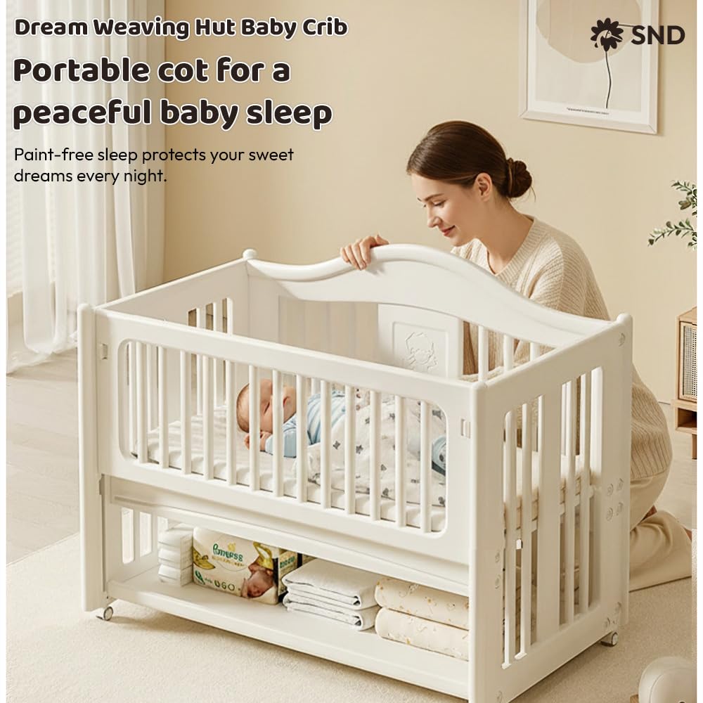 StarAndDaisy Baby Cot with Wheels / 150KG Heavy Duty PP Baby Crib/Waterproof & Termite Resistant/BPA-Free Newborn Baby Bed/Portable Infant Sleeping Cot -White