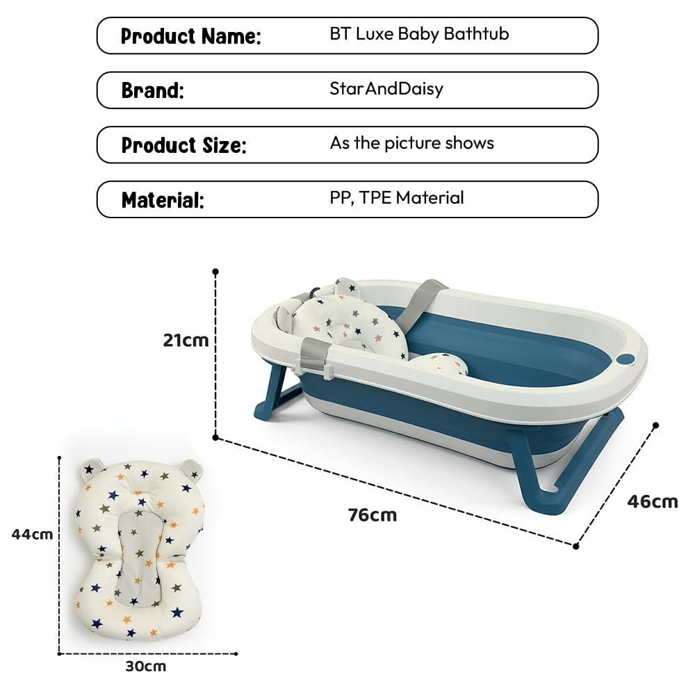 StarAndDaisy Bath Tub for Baby 0-5 Years/Foldable Bath tub for Kids with Cushion, Space Saving Design, Newborn Baby Folding Bathing Tub Girls & Boys, Easy to Store- Dark Blue