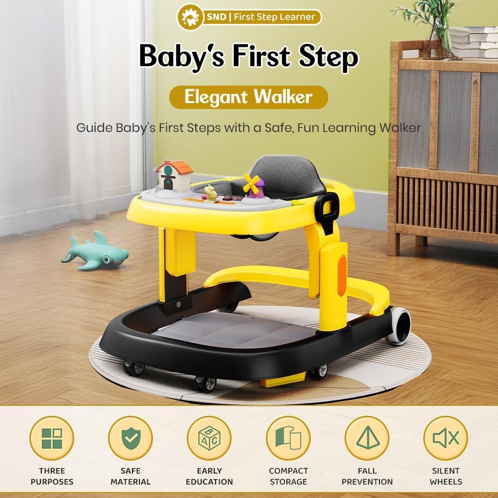 StarAndDaisy Elegant Baby Walker 6-18months / Walker for Kids Girl Boy with Anti Fall Brake Pads, 3 Speed Height Adjustment, Multi-Level Seat Adjustment, Recreational Music Toy Bar (Yellow Black)