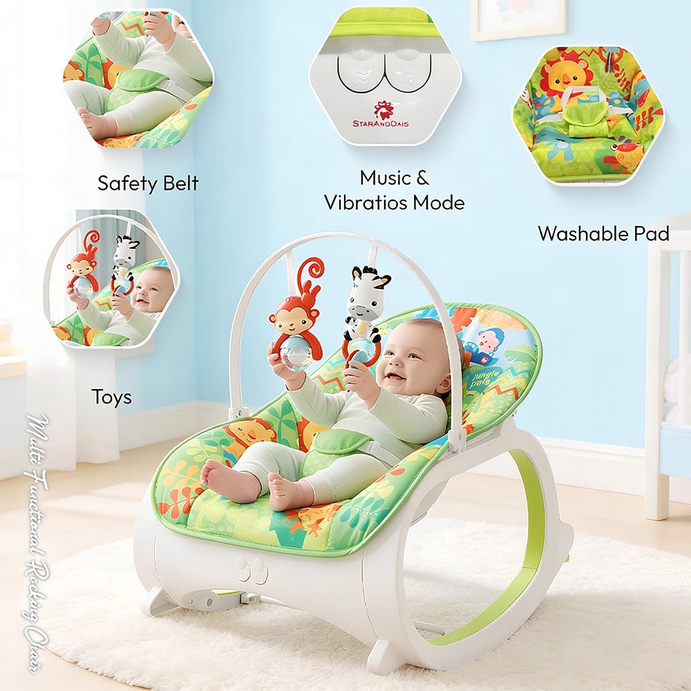 StarAndDaisy Baby Rockers for 0 to 2 Years, Baby Multi Functional Rocker chair for Babies, Infants & Toddler with Removable Mattress, Swing & Bouncer/Cradle with Vibrations, music & Hanging Toys (Rocker-Red)