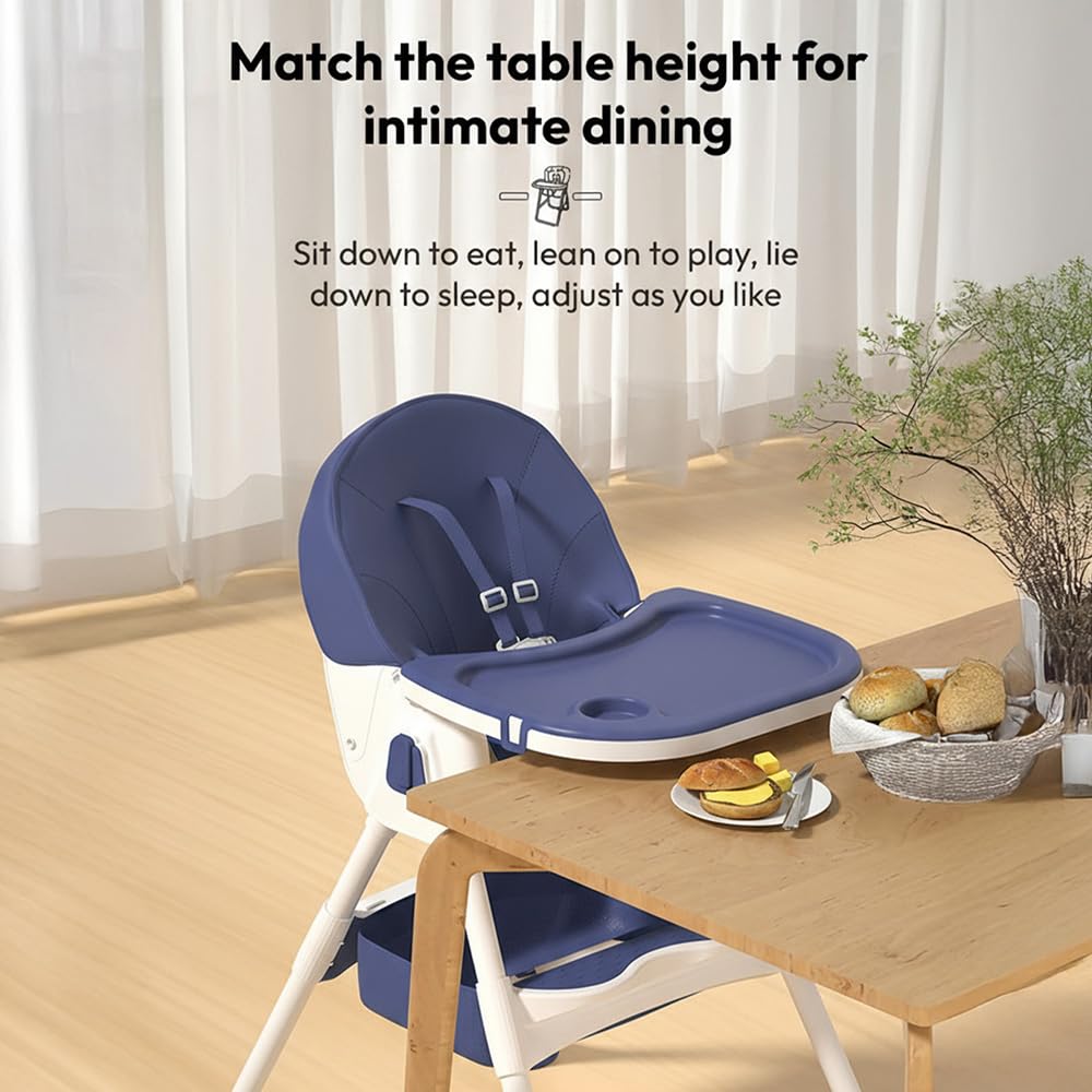 StarAndDaisy High Chair for Baby 6 Months to 5 Years/Adjustable Height Feeding Chair with 4 Reclining Seat Positions, Double Food Tray, Foldable Design & Wheels/High Chair for Baby (Blue)