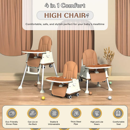 StarAndDaisy High Chair for Baby/Baby Feeding Chair for 0 to 5 Years with 4 in-1 Multifunctions/High Chair with Height Adjustable, Detachable Tray & One-Hand Adjustable - Coffee