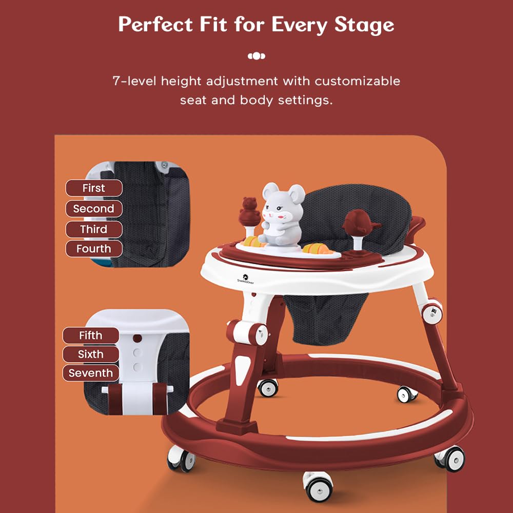 StarAndDaisy 360° Baby Walker 6-24 Months / 7 Level Height Adjustment Walker for Kids Boy and Girl with Intergrated RGB Lights, Switchable Food & Musical Toy Tray/Premium Baby Activity Walker with Parent Rod-Cherry Red
