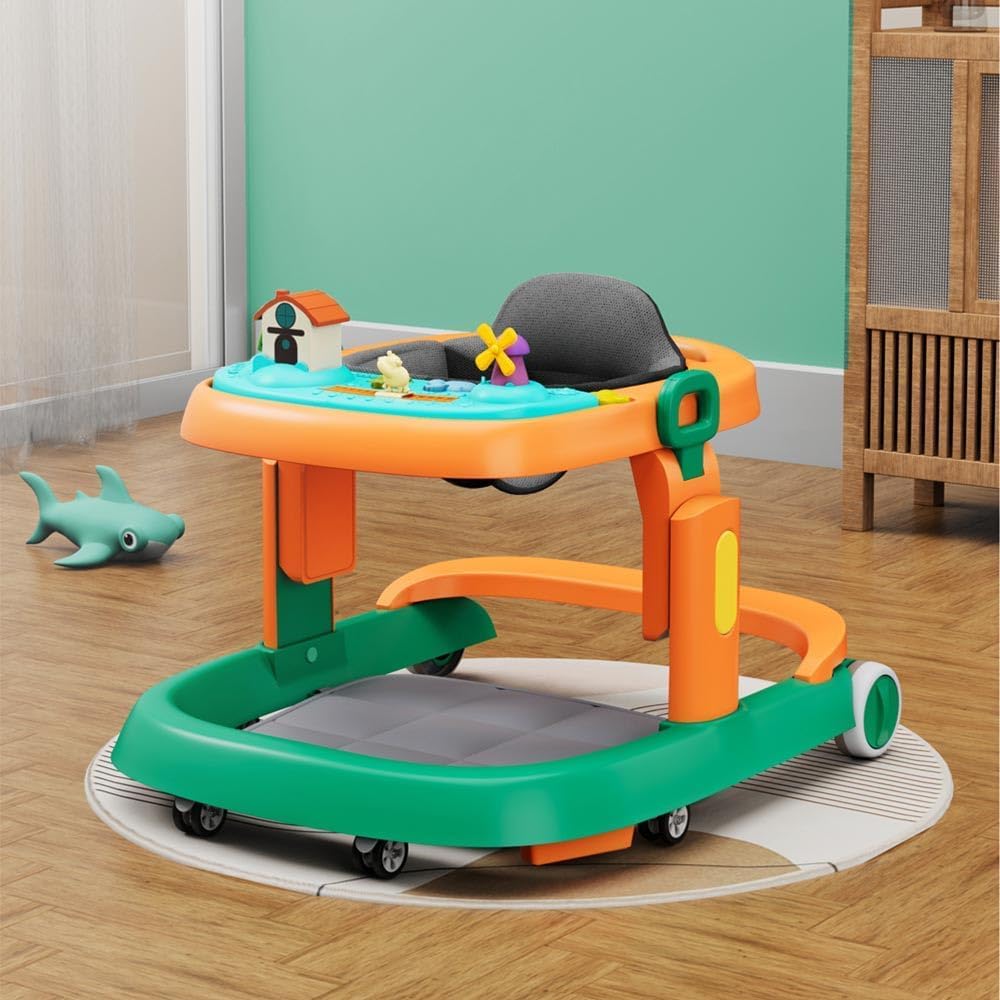 StarAndDaisy Elegant Baby Walker 6-18 months / Walker For Kids With Anti Fall Brake Pads,3 Speed Height Adjustment,Multi-Level Seat Adjustment,Recreational Music Toy Bar (Elegant Orange & Green)