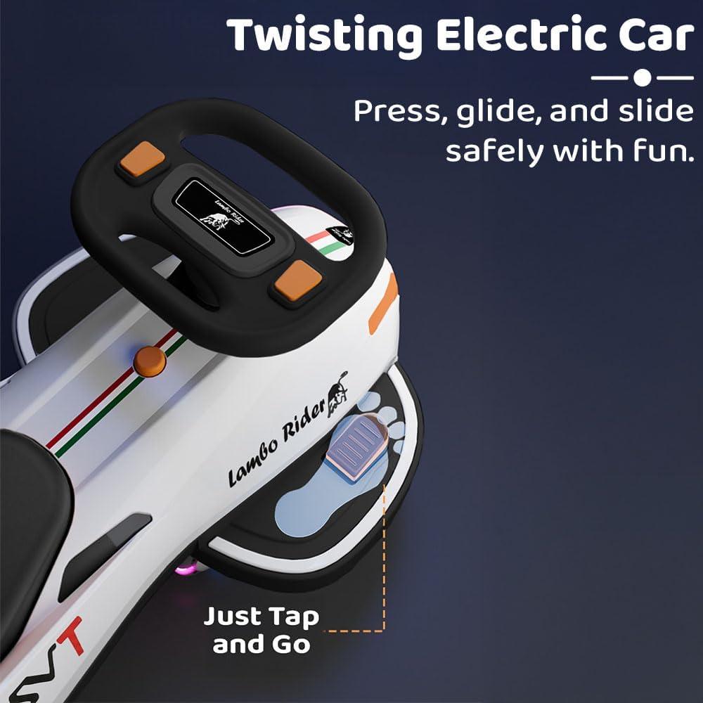 StarAndDaisy Baby Magic/Swing Car for Kids Toys for 2-5 Years boy, with Acceleration Pedal & Rechargeable Battery, LED Light & Music,Twister car/Ride-onwith Smoke & Backrest seat -White