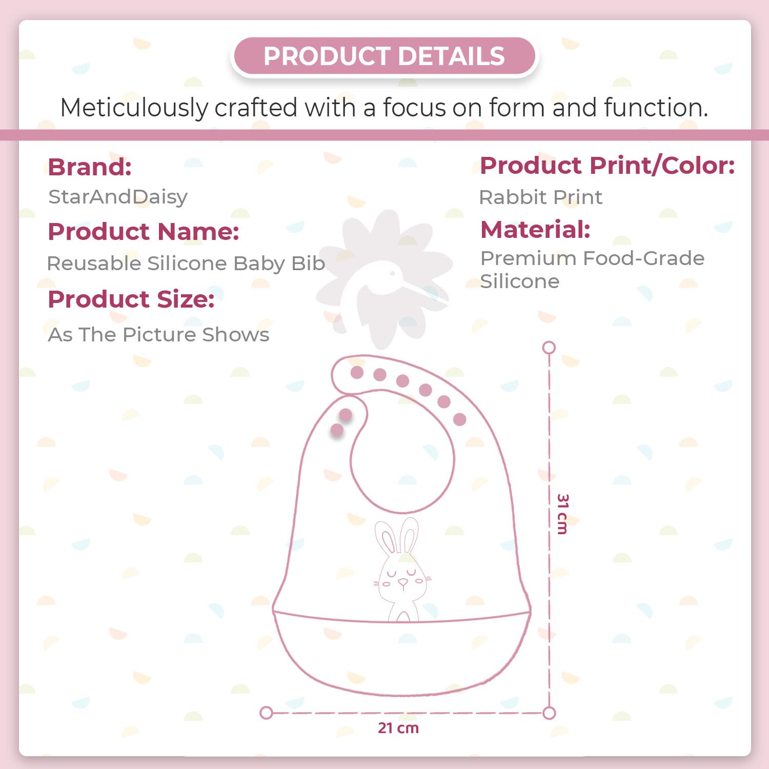 StarAndDaisy Reusable Silicone Bib for Baby with Adjustable Buttons for Mess-Free Feeding, Weaning, and Easy Cleaning and Waterproof. (Printed-Rabbit-Pink)