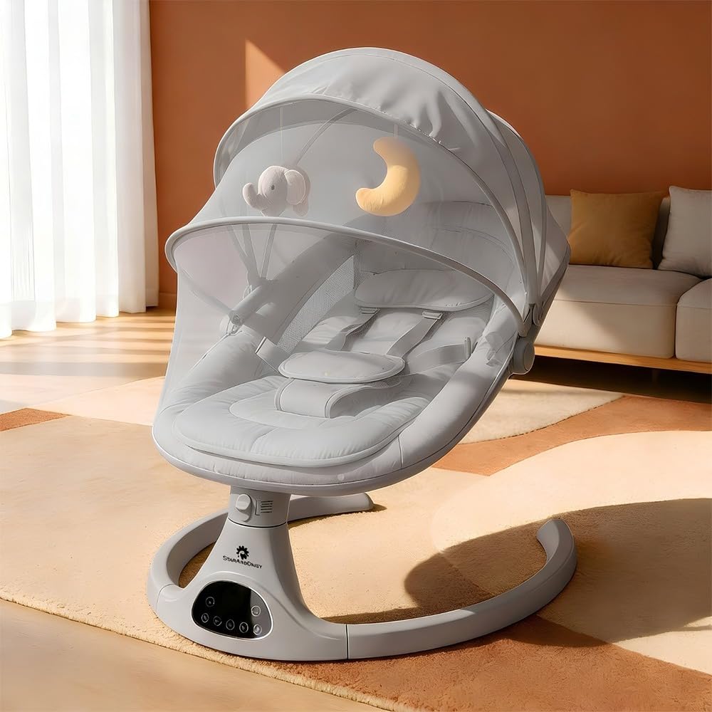StarAndDaisy baby rockers for 0 to 2 years, Baby Multi functional rocker for babies, Infants & Toddler with mattress, 5-level Automatic Swing & Bouncer/ cradle with touch panel & hanging toys (601-Grey)