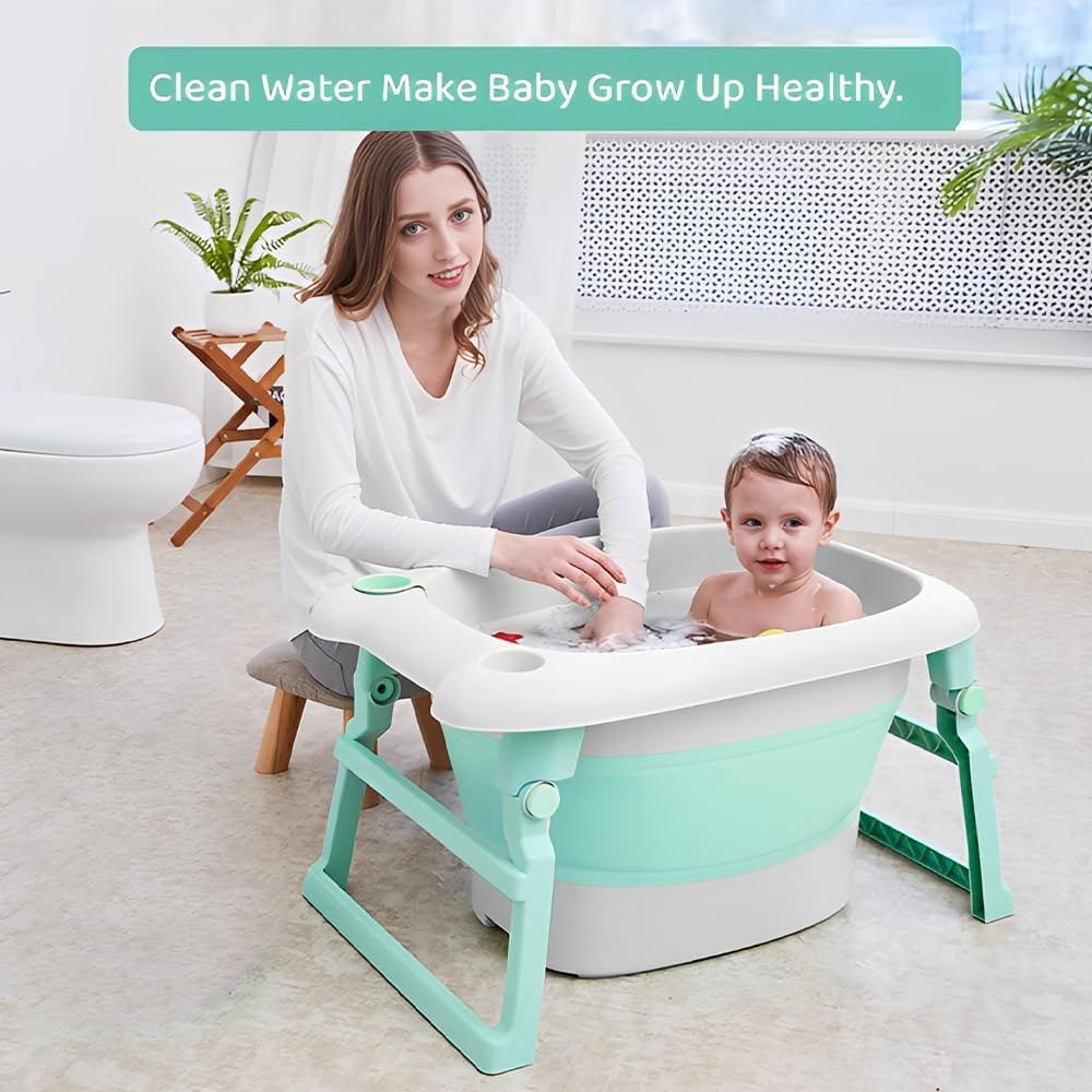 StarAndDaisy Baby Bath tub for Infant & Toddler 0 to 5 Years, 2-in-1 Bathub for Kids, Foldable tub with Cushion & Bathing Chair for Boys & Girls, Fast Drainage & Space Saving Design -Green