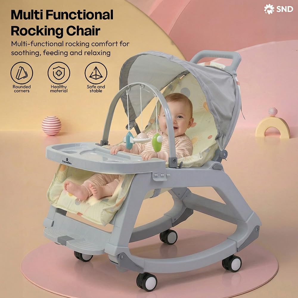 StarAndDaisy 5-in-1 Baby Rockers for 0 to 2 Years, Baby Multi Functional Rocker chair for Babies, Infants & Toddler with Removable Mattress, Swing & Bouncer/Cradle with adjustale Canopy & hanging toys - Blue
