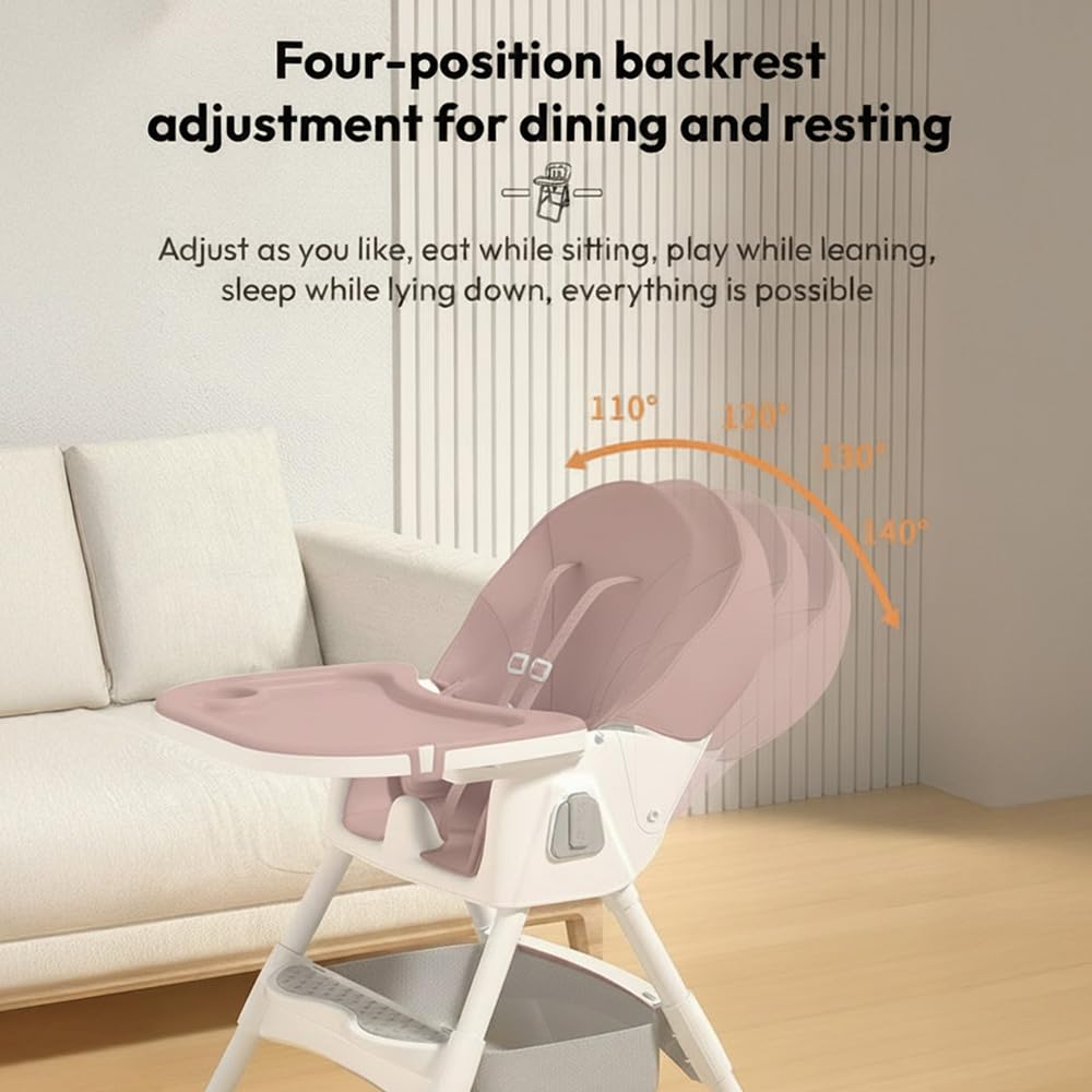 StarAndDaisy High Chair for Baby 6 Months to 5 Years/Adjustable Height Feeding Chair with 4 Reclining Seat Positions, Double Food Tray, Foldable Design & Wheels/High Chair for Baby - Pink