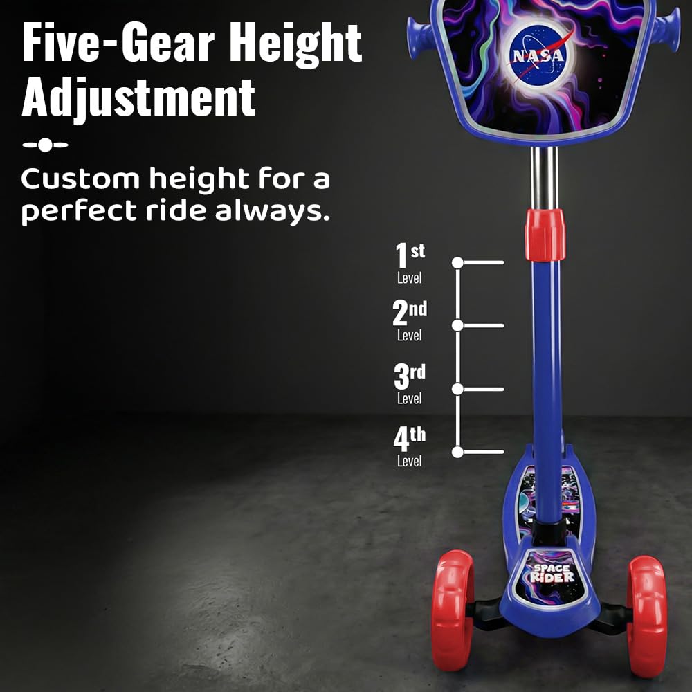 StarAndDaisy X NASA Kick Scooter for Kids 3+ Years, Foldable Skate Scooter for Children Girls & Boys with Multi-Level Height Adjustment, LED Wheels & Brakes -(Officially Licensed) (Red-Blue)