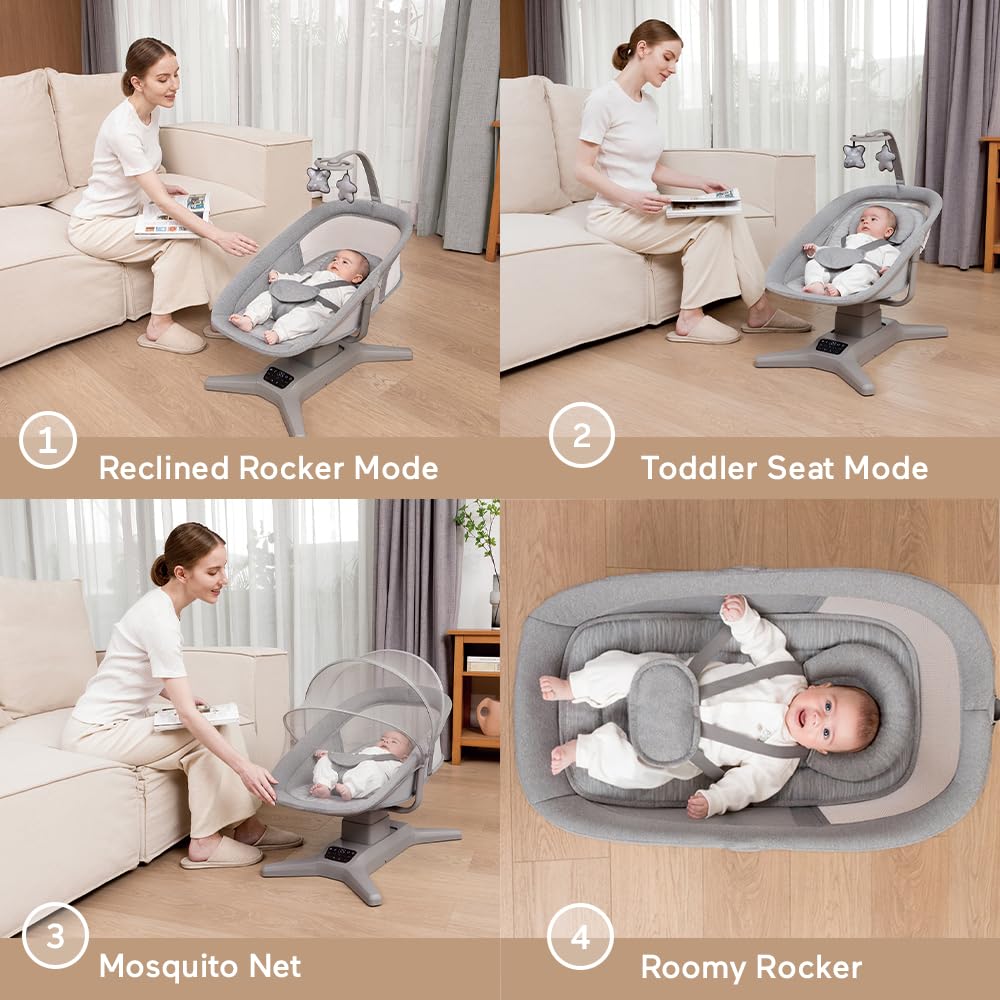 StarAndDaisy X Mastela Baby Electric Cradle/Crib for Infant, Toddler with 7 Swing Modes, Music, Backrest Adjustment, Hanging Toys & Touch Panel - Dark Grey