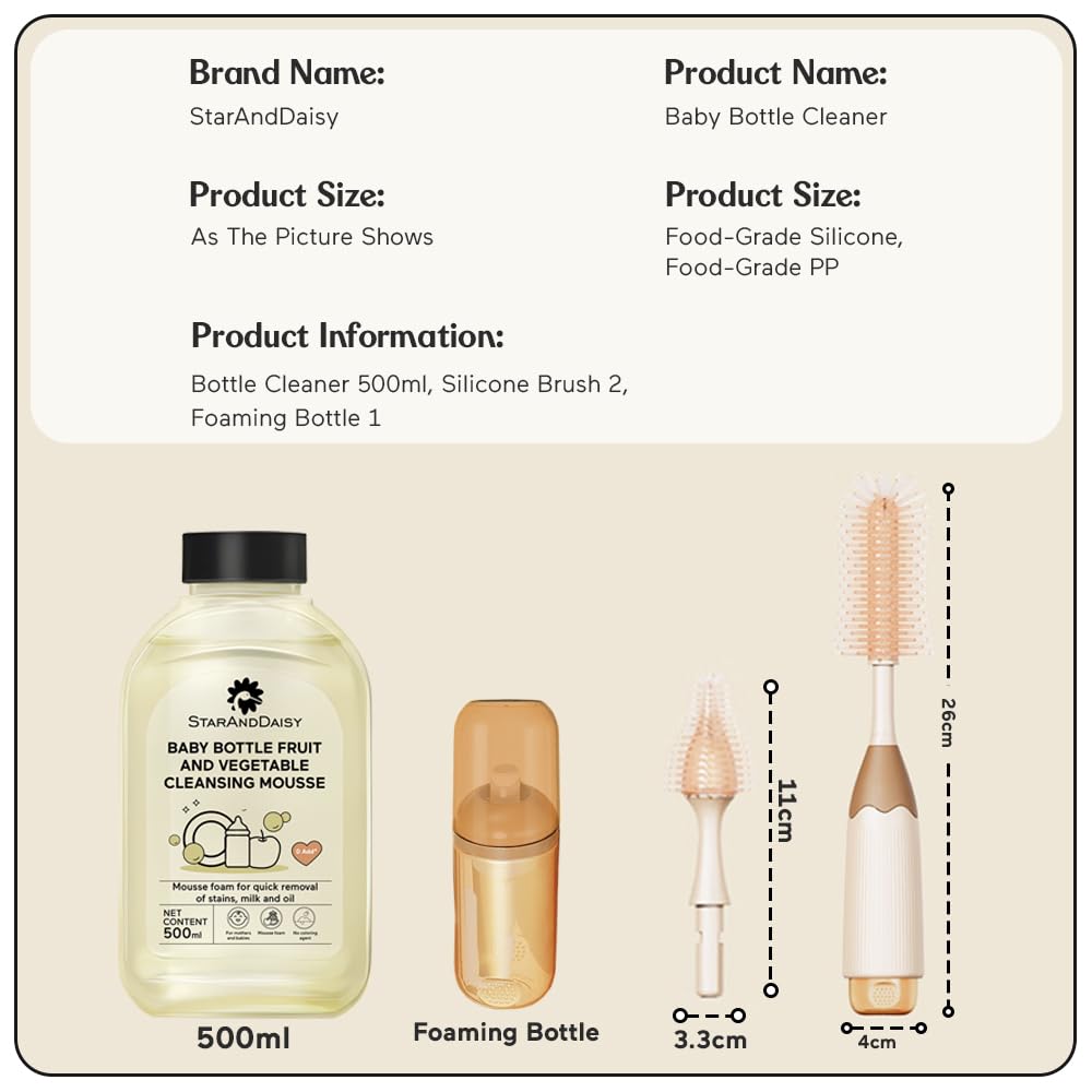 StarAndDaisy Baby Bottle Cleaning Brush Set with Silicone Bristle, 360° Cleaning Bottle Brush with 500 ML Bottle Cleaner & Long Handle, Easy to Clean Narrow & Wide Neck Bottles - Brown Beige