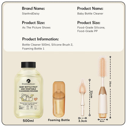 StarAndDaisy Baby Bottle Cleaning Brush Set with Silicone Bristle, 360° Cleaning Bottle Brush with 500 ML Bottle Cleaner & Long Handle, Easy to Clean Narrow & Wide Neck Bottles - Brown Beige