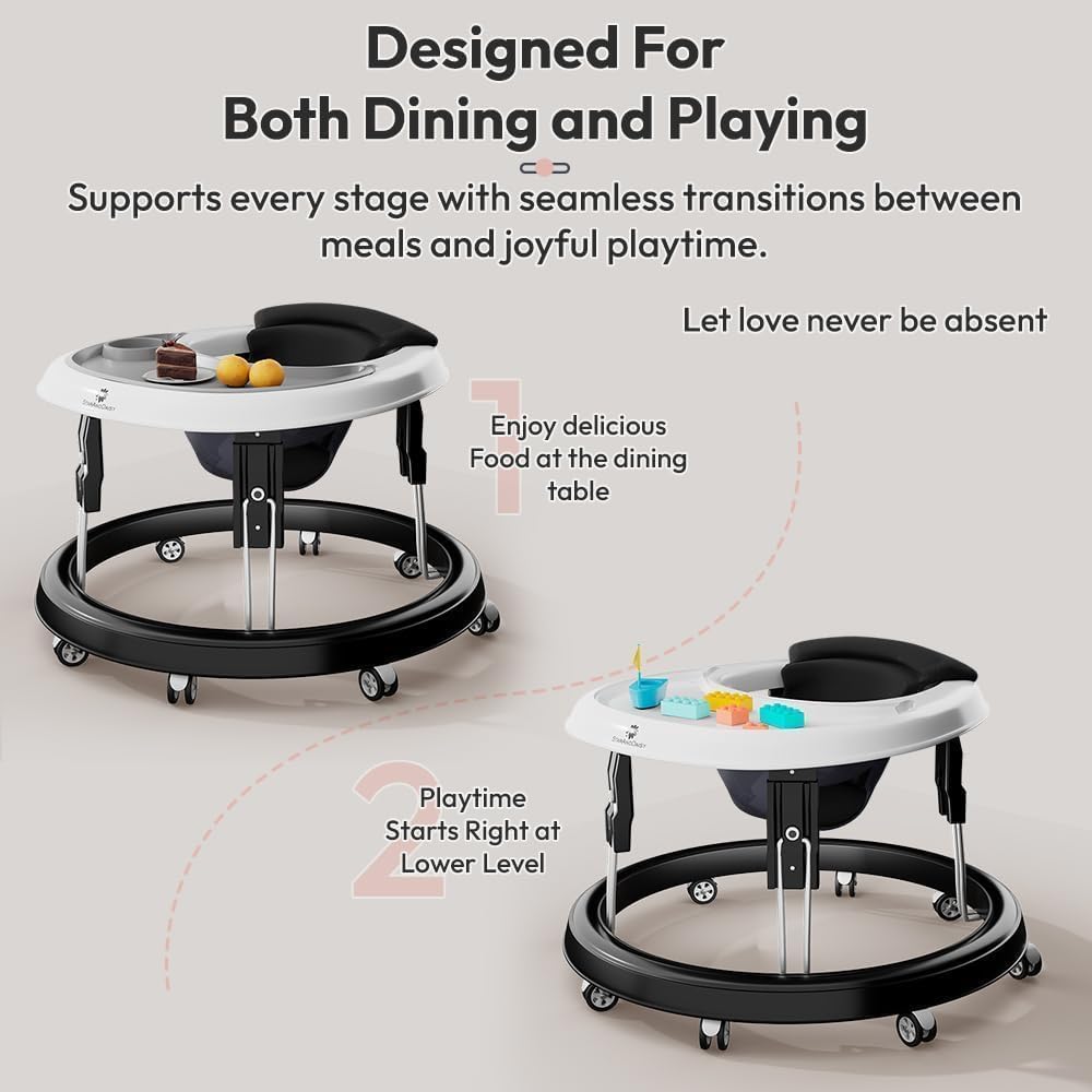 StarAndDaisy Walker for Kids 6 to 24 Months, Baby Walker for Boys & Girl with 360° Rotational Wheels & Padded Seat, Foldable Walker for Kids for 1 Year with Adjustable (First-wo-Tray-Black)