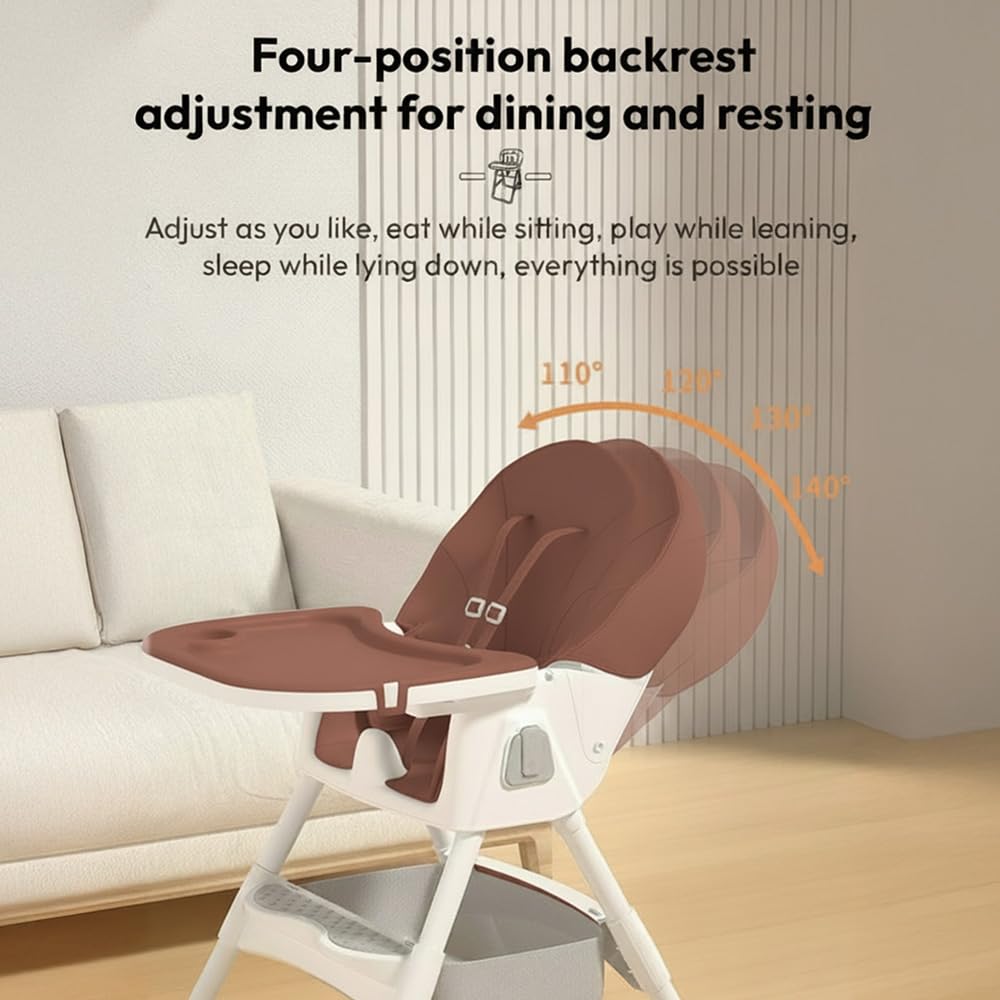 StarAndDaisy High Chair for Baby 6 Months to 5 Years/Adjustable Height Feeding Chair with 4 Reclining Seat Positions, Double Food Tray, Foldable Design & Wheels/High Chair for Baby - Coffee
