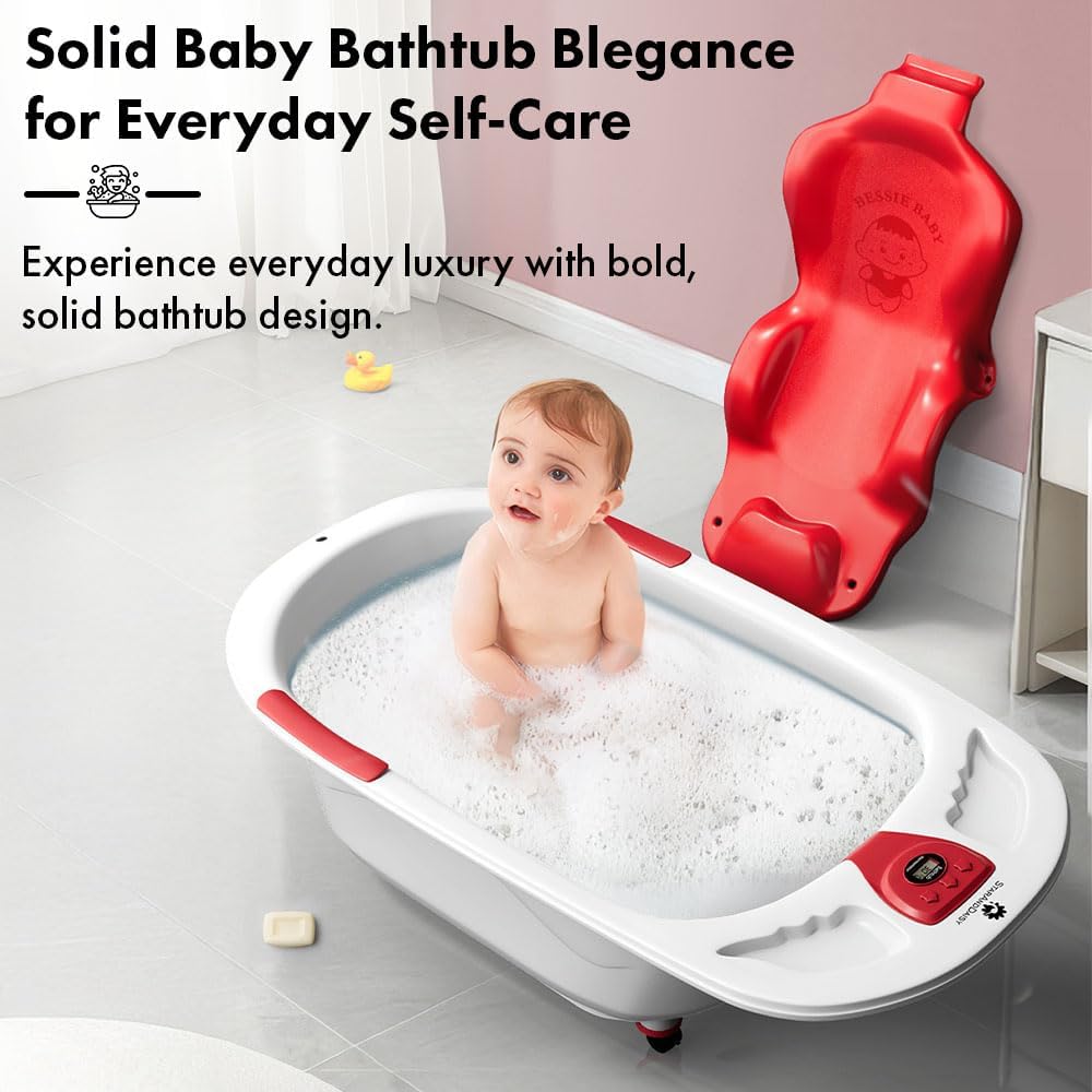 StarAndDaisy Baby Bath Tub for 0 to 5 Years/Bath Tub for Kid 0-3 Years/Infants Bathtub with Temperature Censor & Baby Bath Seat/Sling, Antislip Baby Bath Tub with Bath Chair -Red