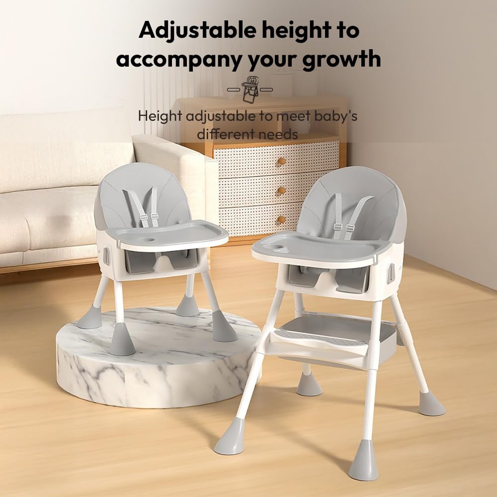 StarAndDaisy High Chair for Baby 6 Months to 5 Years/Adjustable Height Feeding Chair with 4 Reclining Seat Positions, Double Food Tray, Foldable Design & Wheels/High Chair for Baby - Grey