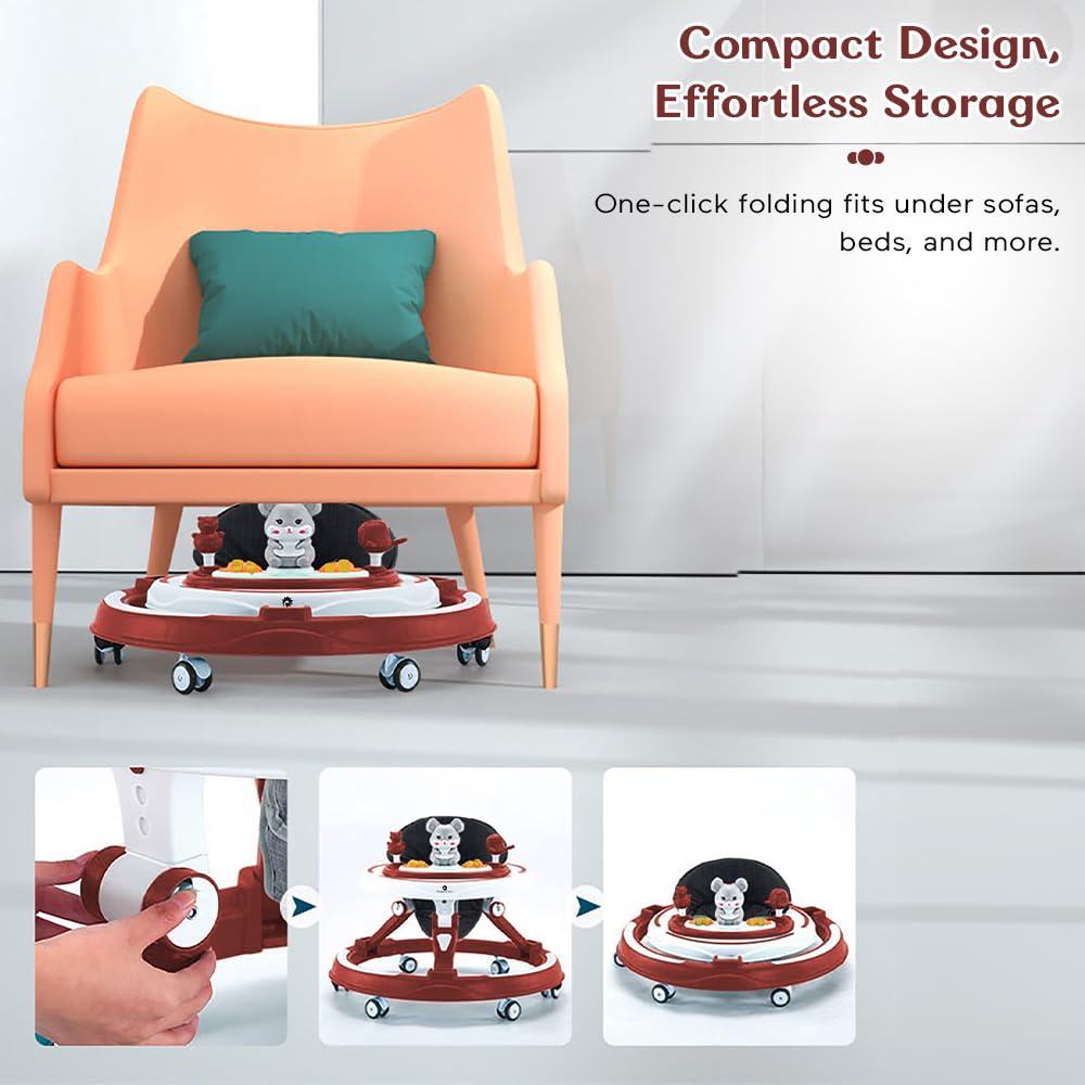 StarAndDaisy 360° Baby Walker 6-24 Months / 7 Level Height Adjustment Walker for Kids Boy and Girl with Intergrated RGB Lights, Switchable Food & Musical Toy Tray/Premium Baby Activity Walker with Parent Rod-Cherry Red