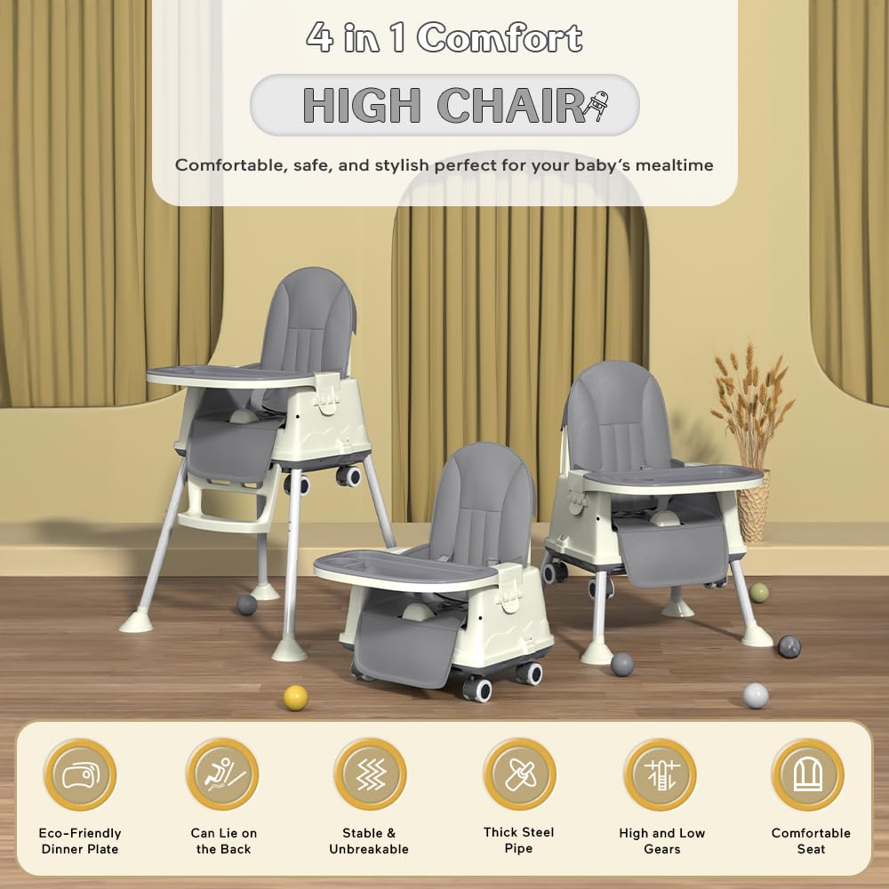 StarAndDaisy High Chair for Baby/Baby Feeding Chair for 0 to 5 Years with 4 in-1 Multifunctions/High Chair with Height Adjustable, Detachable Tray & One-Hand Adjustable - Grey