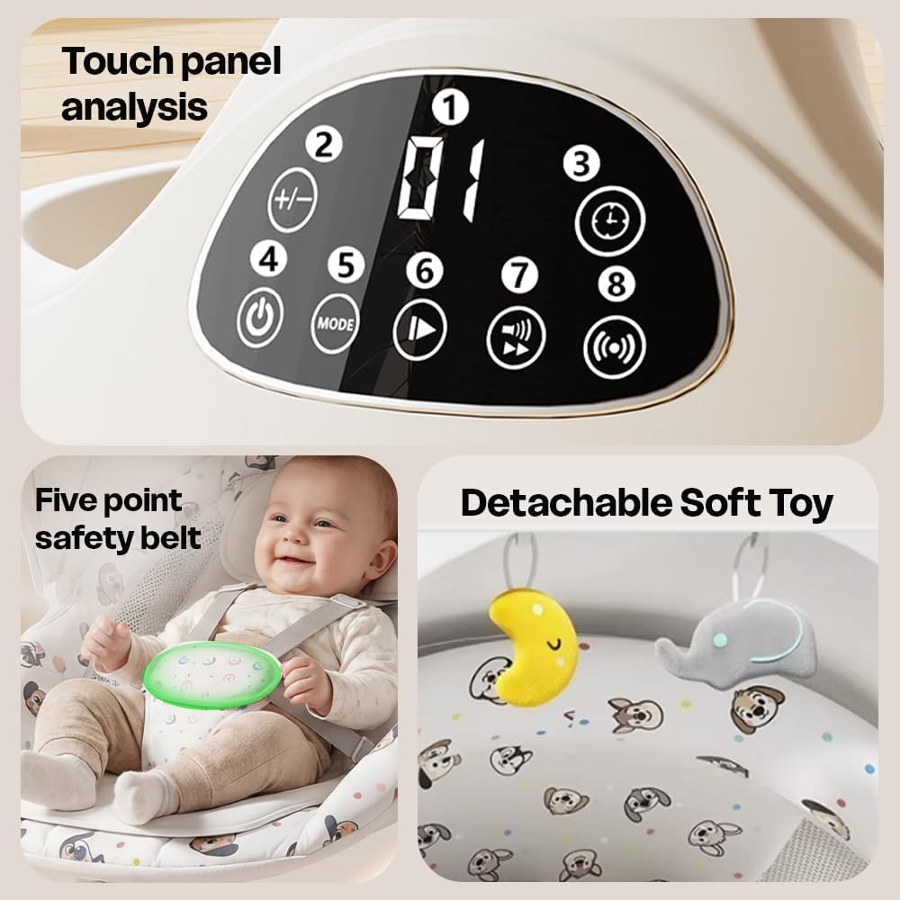 StarAndDaisy baby rockers for 0 to 2 years, Baby Multi functional rocker for babies, Infants & Toddler with mattress, 5-level Automatic Swing & Bouncer/ cradle with touch panel & hanging toys (601-Beige)