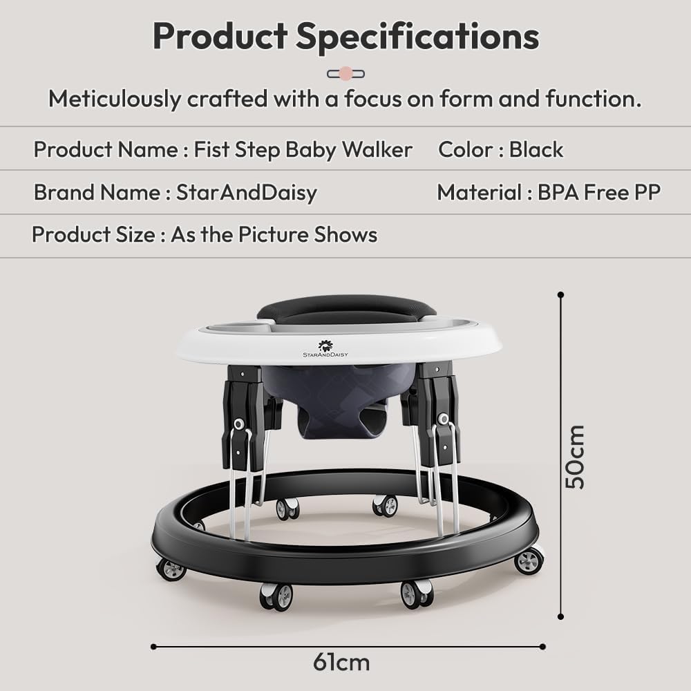 StarAndDaisy Walker for Kids 6 to 24 Months, Baby Walker for Boys & Girl with 360° Rotational Wheels & Padded Seat, Foldable Walker for Kids for 1 Year with Adjustable (First-wo-Tray-Black)