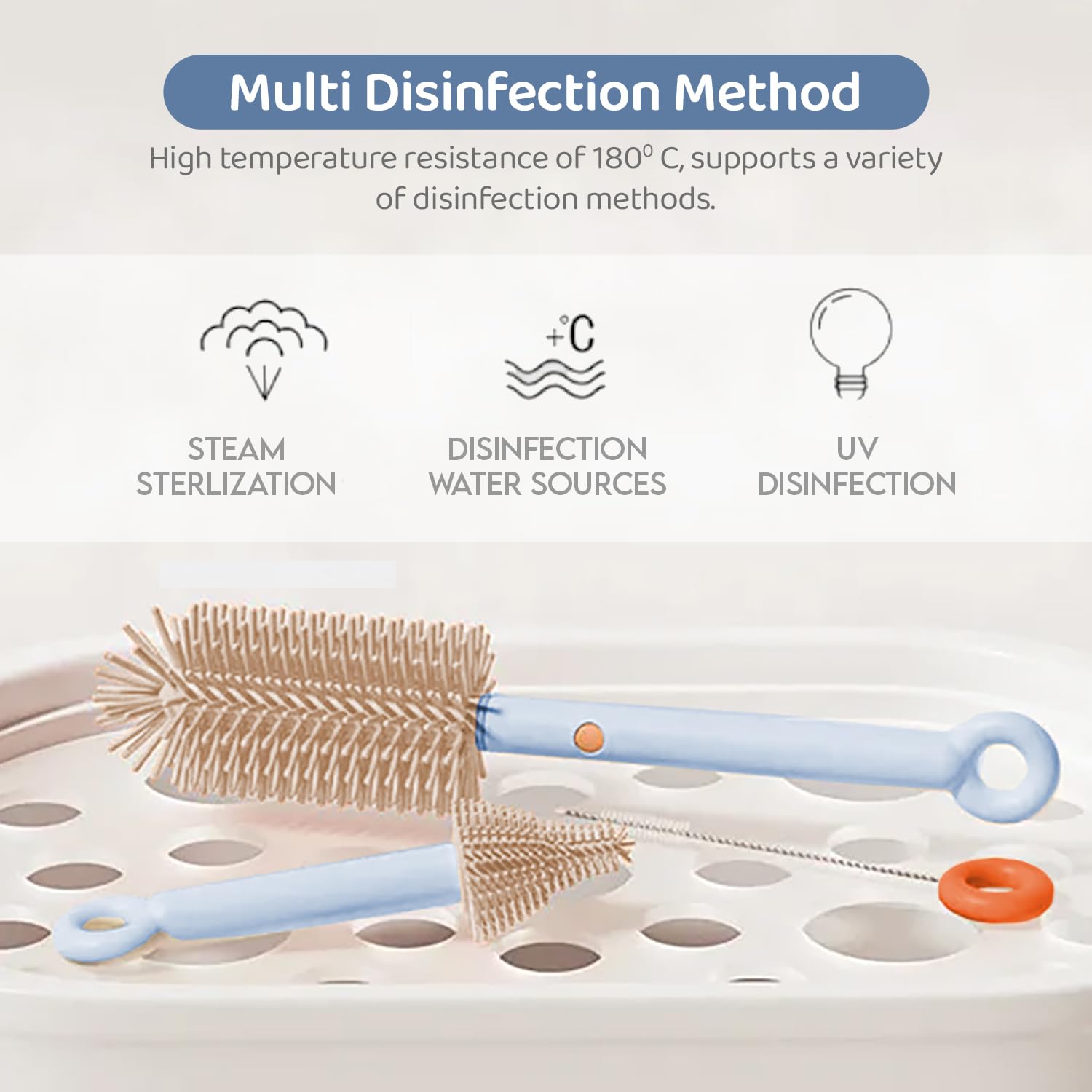 StarAndDaisy Baby Bottle Cleaning Brush with Silicone Bristle Brush for Bottle & Nipple | 360° Cleaning Bottle Brush with Stand, Long Handle, Easy to Clean Narrow & Wide Neck Bottles -Blue