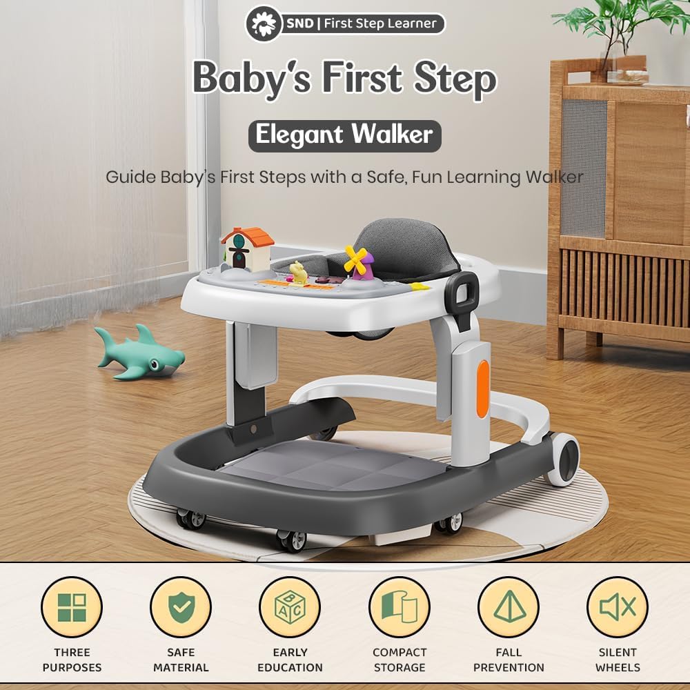 StarAndDaisy Baby Walker / Walker For Kids 6-18months With Anti Fall Brake Pads / Push Walker 3 Speed Height Adjustment,Multi-Level Seat Adjustment,Recreational Music Toy Bar (Elegant - Grey)
