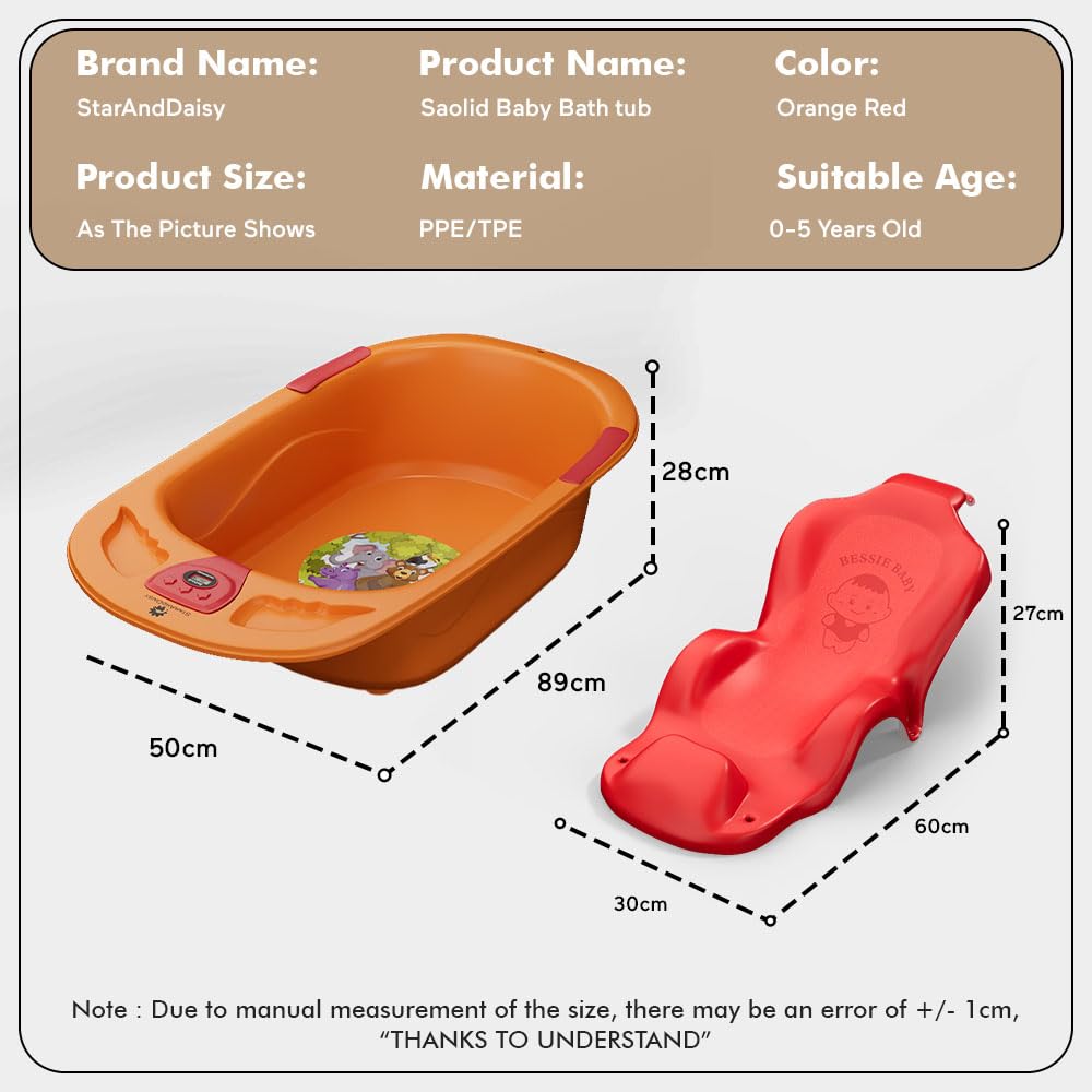 StarAndDaisy Baby Bath tub for 0 to 5 Years with Temperature Sensor/Bath Tub for Kids with Anti-Slip Legs/Bathtub for Baby with Baby Bather -Without Wheel(Orange - Red)