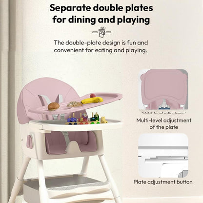 StarAndDaisy High Chair for Baby 6 Months to 5 Years/Adjustable Height Feeding Chair with 4 Reclining Seat Positions, Double Food Tray, Foldable Design & Wheels/High Chair for Baby - Pink