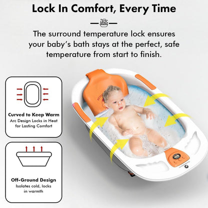 StarAndDaisy Baby Bath Tub for 0 to 5 Years/Bath Tub for Kid 0-3 Years/Infants Bathtub with Temperature Censor & Baby Bath Sling/seat, Antislip Baby Bath tub with Bath Chair (White-Orange)