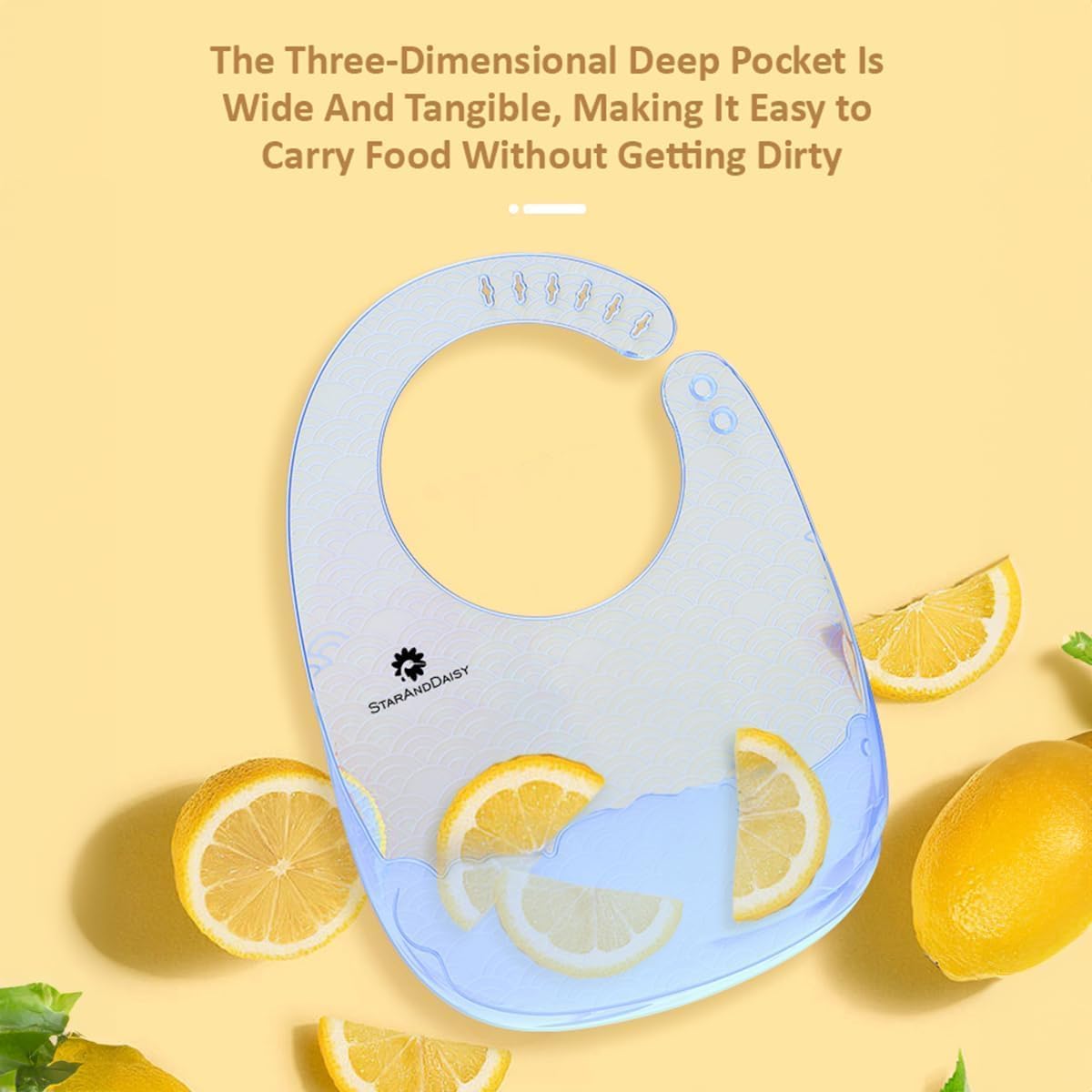 StarAndDaisy Reusable Silicone Baby Bib with Adjustable Buttons for Mess-Free Feeding, Weaning, and Easy Cleaning and Waterproof. (Pack of 2-Printed Yellow&Blue)