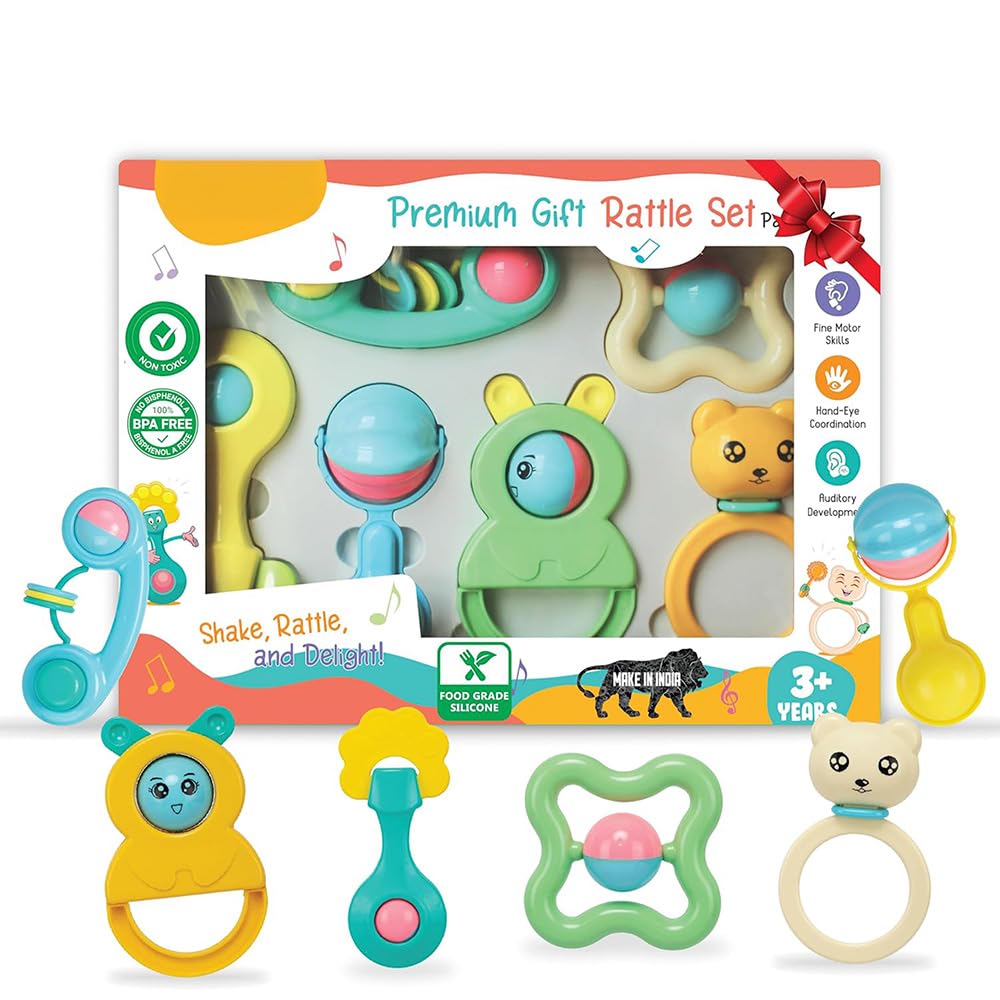 StarAndDaisy 6 Pcs Baby Rattle Gift Set & Teether Set | Safe, Non-Toxic Toys for Newborns 0+ Months | Colorful Soft Sound Rattles | Ideal for Baby Gift.