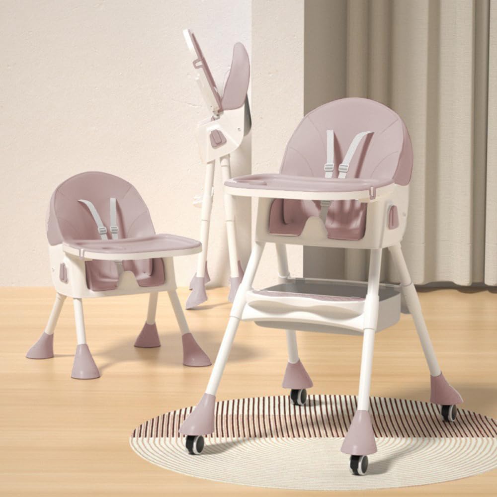 StarAndDaisy High Chair for Baby 6 Months to 5 Years/Adjustable Height Feeding Chair with 4 Reclining Seat Positions, Double Food Tray, Foldable Design & Wheels/High Chair for Baby - Pink