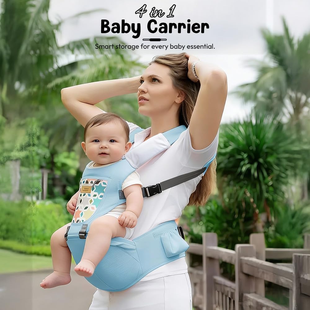 StarAndDaisy 4-in-1 Baby Carrier for 0 to 3 Year Baby/Kangaroo Bag with Comfortable Soft Hip Seat/Baby Carrier - 4 Carrying Positions with 2 Storage Pockets - Blue (4-in-1 Light Blue)