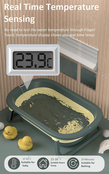 StarAndDaisy Foldable Infant Bath Tub with Smart Temperature Indication Meter, Collapsible Newborn Toddler Folding Bathing Support Bathtub with Soft Cushion for 0-3 Years Baby (Green)