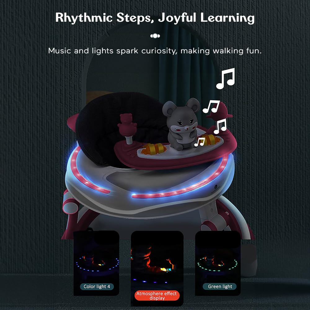 StarAndDaisy 360° Baby Walker 6-24 Months / 7 Level Height Adjustment Walker for Kids Boy and Girl with Intergrated RGB Lights, Switchable Food & Musical Toy Tray/Premium Baby Activity Walker with Parent Rod-Pink