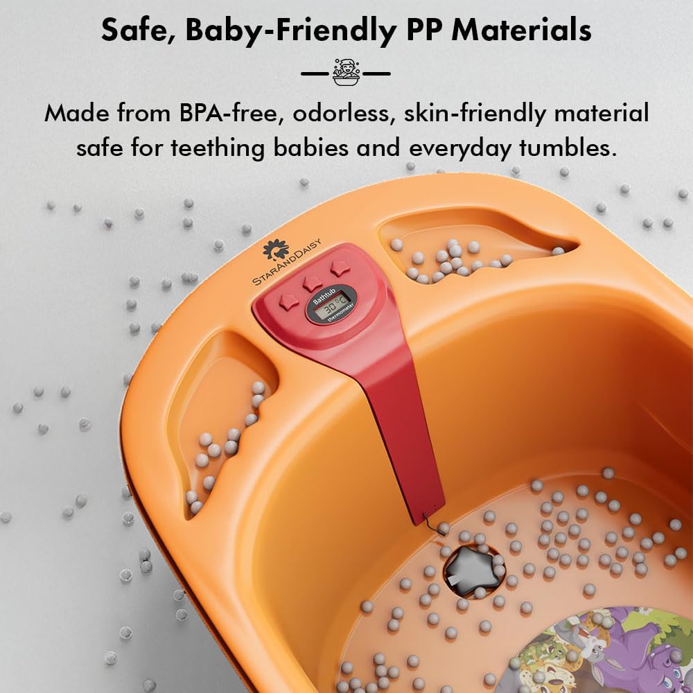 StarAndDaisy Baby Bath Tub for 0 to 5 Years/Bath Tub for Kids 0-3 Years/Infants Bathtub with Temperature Censor & Baby Bath Seat/Sling, Antislip Baby Bath Tub with Bath Chair (Orange & Red)