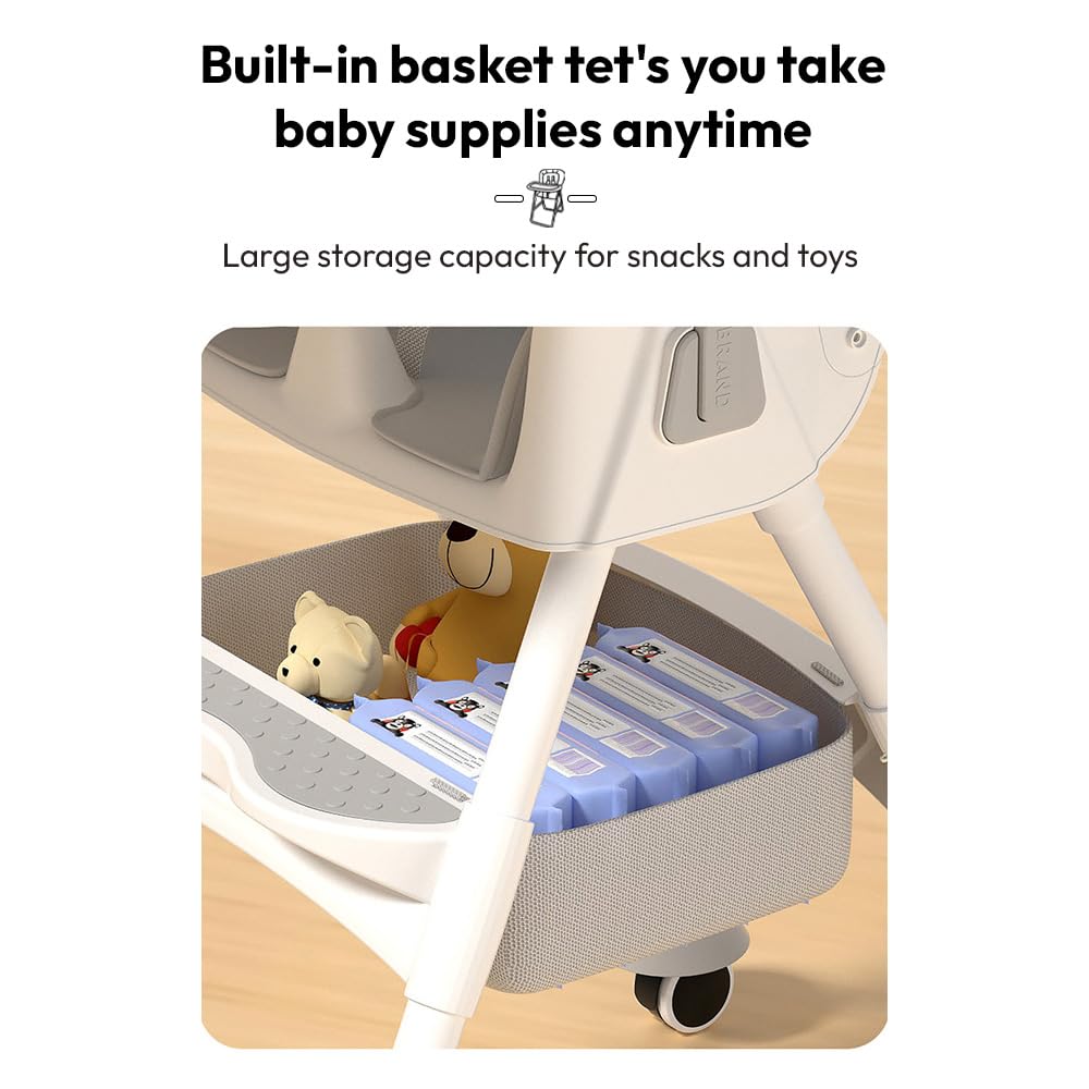 StarAndDaisy High Chair for Baby 6 Months to 5 Years/Adjustable Height Feeding Chair with 4 Reclining Seat Positions, Double Food Tray, Foldable Design & Wheels/High Chair for Baby - Grey