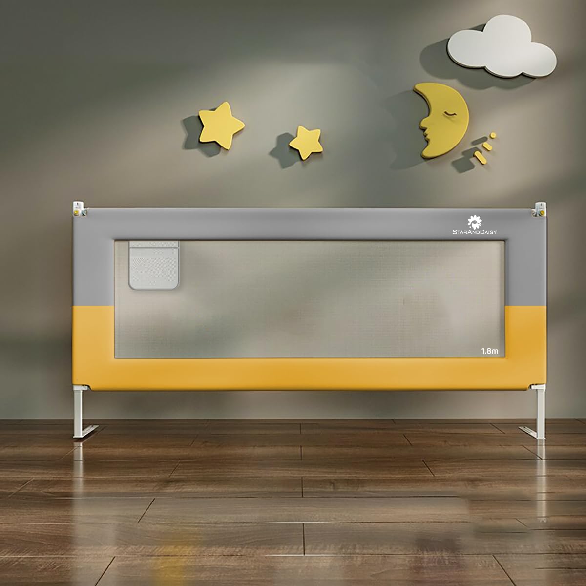 StarAndDaisy Alloy Steel Baby Bed Guard Rail with T- Body Support Frame, Adjustable Height/Portable Single Side Bed Rail for Infant & Toddler's Safety (Grey &Yellow-1.8 M)