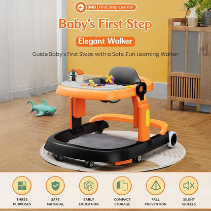 StarAndDaisy 6-18months Baby Walker With Anti Fall Brake Pads / Walker For Kids With 3 Speed Height Adjustment,Multi-Level Seat Adjustment,Recreational Music Toy (Elegant Walker Orange Black)