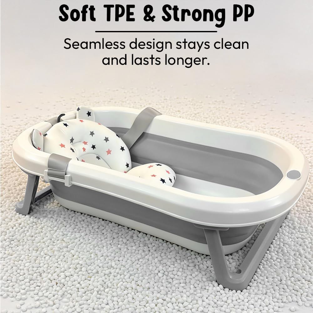 StarAndDaisy Bath Tub for Baby 0-5 Years/Foldable Bath tub for Kids with Cushion, Space Saving Design, Newborn Baby Folding Bathing Tub Girls & Boys, Easy to Store- Grey