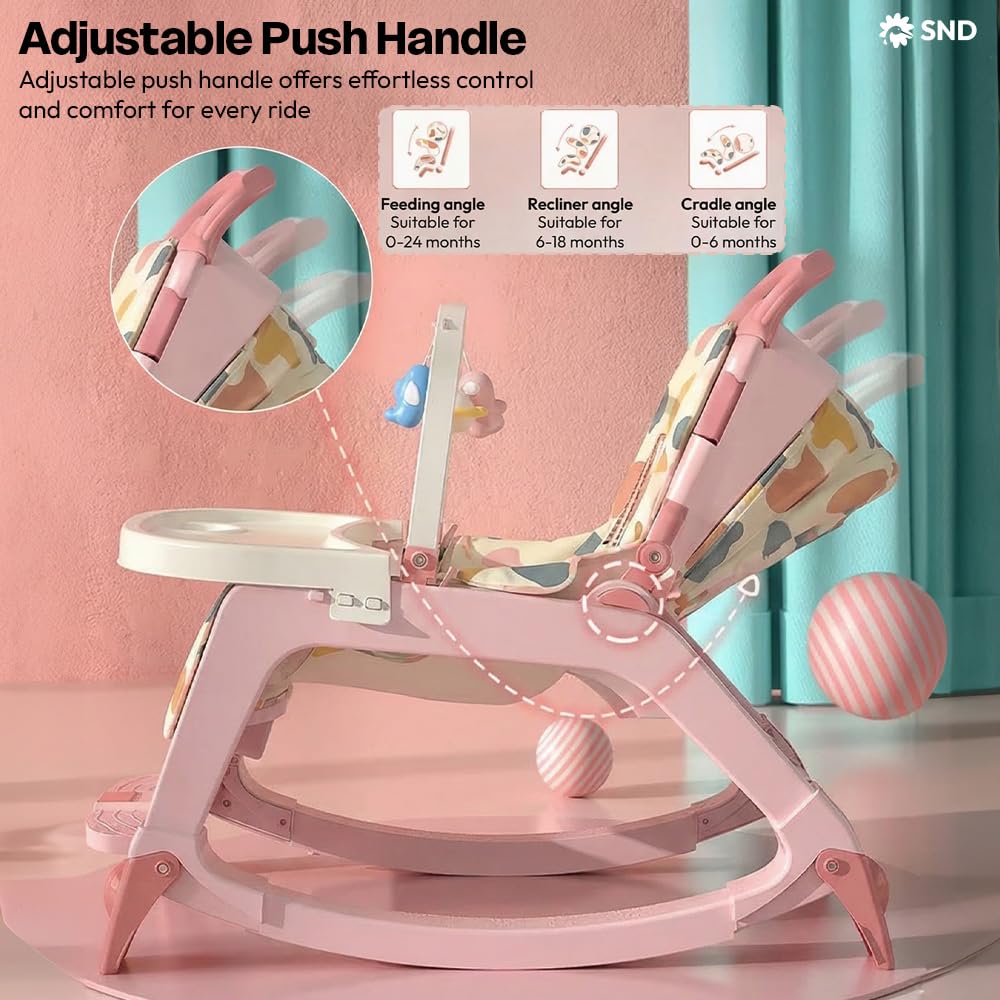 StarAndDaisy 5-in-1 Baby Rockers for 0 to 2 Years, Baby Multi Functional Rocker chair for Babies, Infants & Toddler with Removable Mattress, Swing & Bouncer/Cradle with adjustale Canopy & hanging toys - Pink