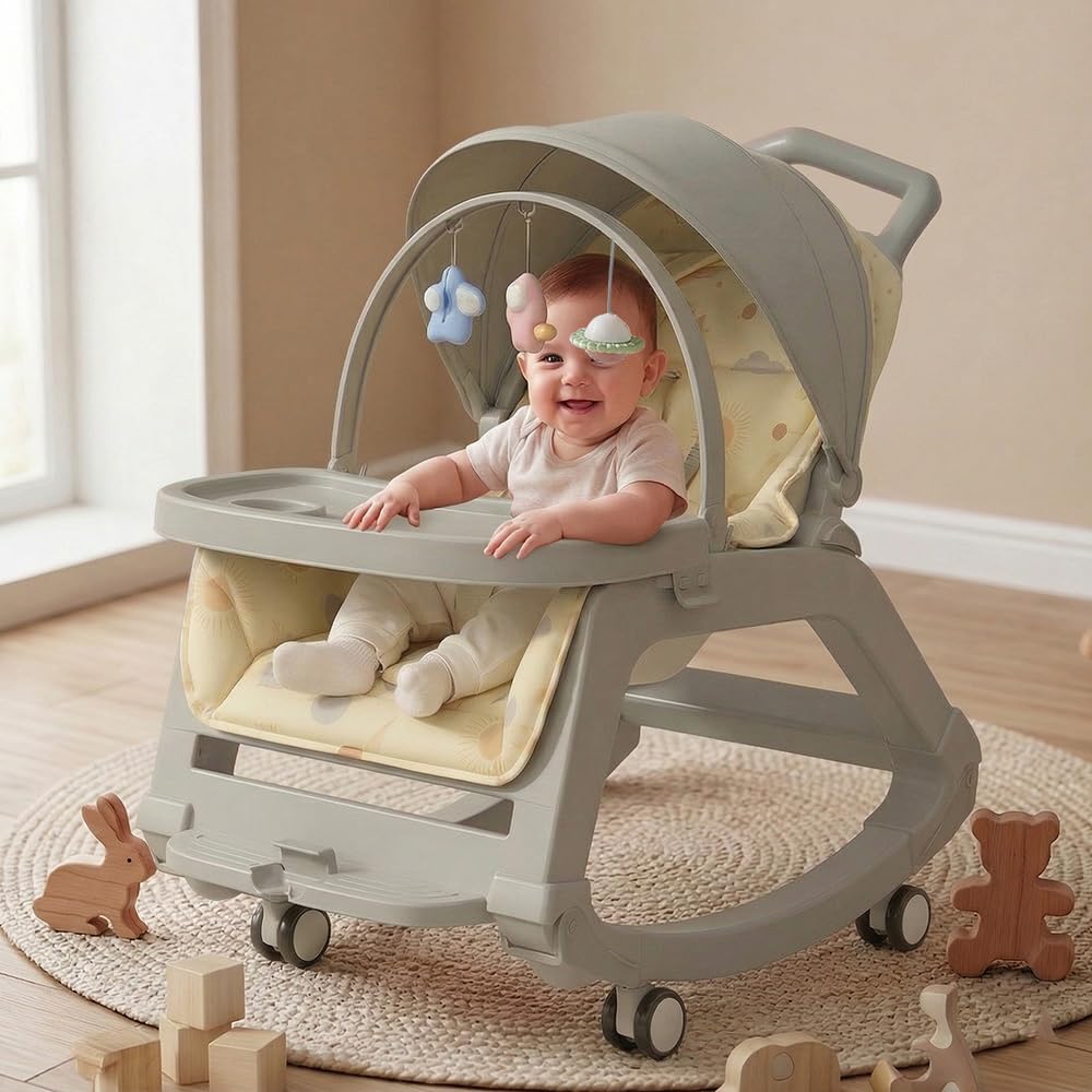StarAndDaisy 5-in-1 Baby Rockers for 0 to 2 Years, Baby Multi Functional Rocker chair for Babies, Infants & Toddler with Removable Mattress, Swing & Bouncer/Cradle with adjustale Canopy & hanging toys - Grey
