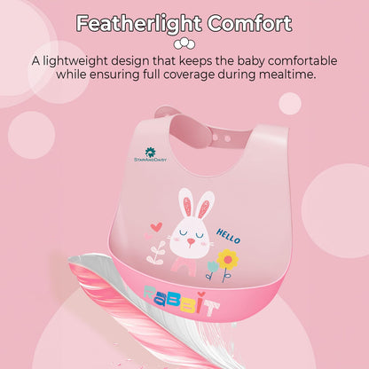 StarAndDaisy Reusable Silicone Bib for Baby with Adjustable Buttons for Mess-Free Feeding, Weaning, and Easy Cleaning and Waterproof. (Printed-Rabbit-Pink)