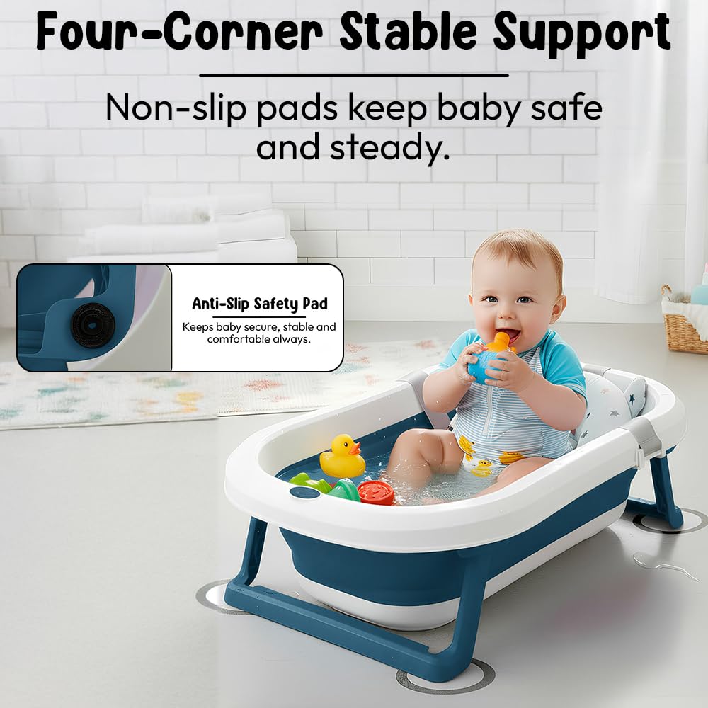 StarAndDaisy Bath Tub for Baby 0-5 Years/Foldable Bath tub for Kids with Cushion, Space Saving Design, Newborn Baby Folding Bathing Tub Girls & Boys, Easy to Store- Dark Blue