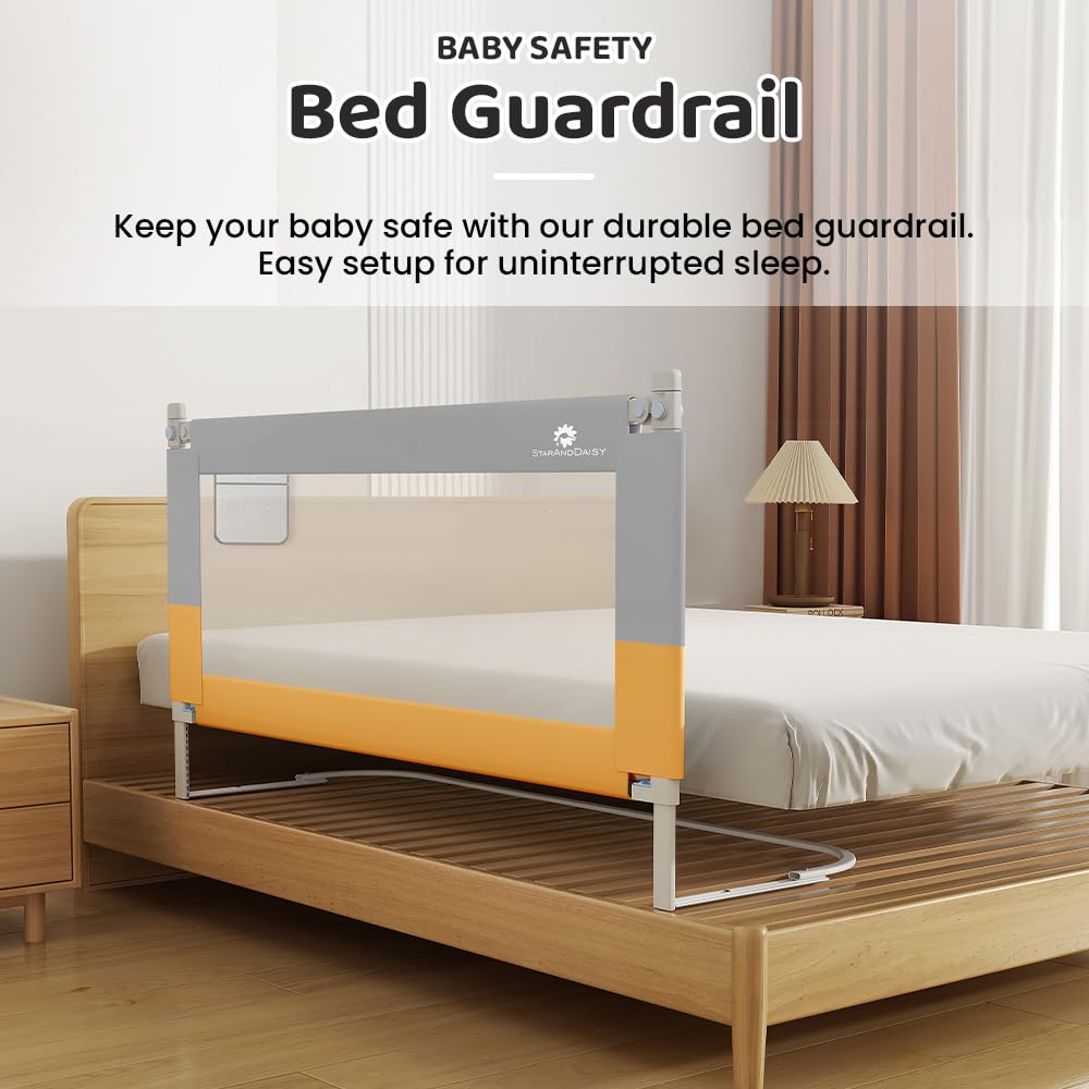 StarAndDaisy Baby Bed Guard Rail with U-Full Body Support Frame, Adjustable Height/Portable Single Side Bed Rail for Infant & Toddler's Safety (Grey & Yellow-1.5 M)