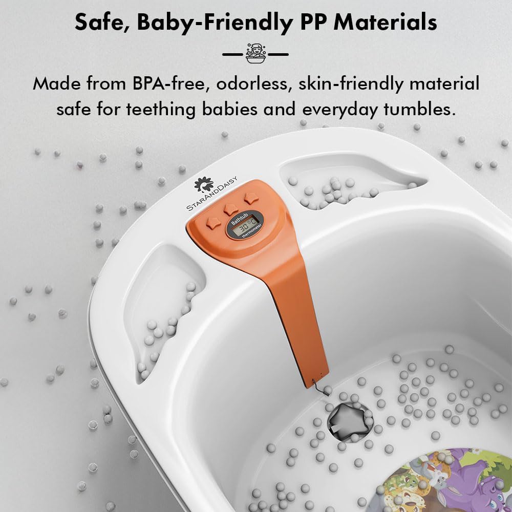 StarAndDaisy Baby Bath Tub for 0 to 5 Years/Bath Tub for Kid 0-3 Years/Infants Bathtub with Temperature Censor & Baby Bath Sling/seat, Antislip Baby Bath tub with Bath Chair (White-Orange)