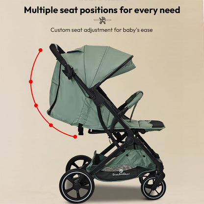 StarAndDaisy Foldable Stroller for Baby 0-3 Years Infant & Toddler / Travel Pram for Baby with Storage basket & Lockable Wheels, Multi-Level Recline & Adjustable Footrest, Removable Tray , Safety Harness Belt -Green